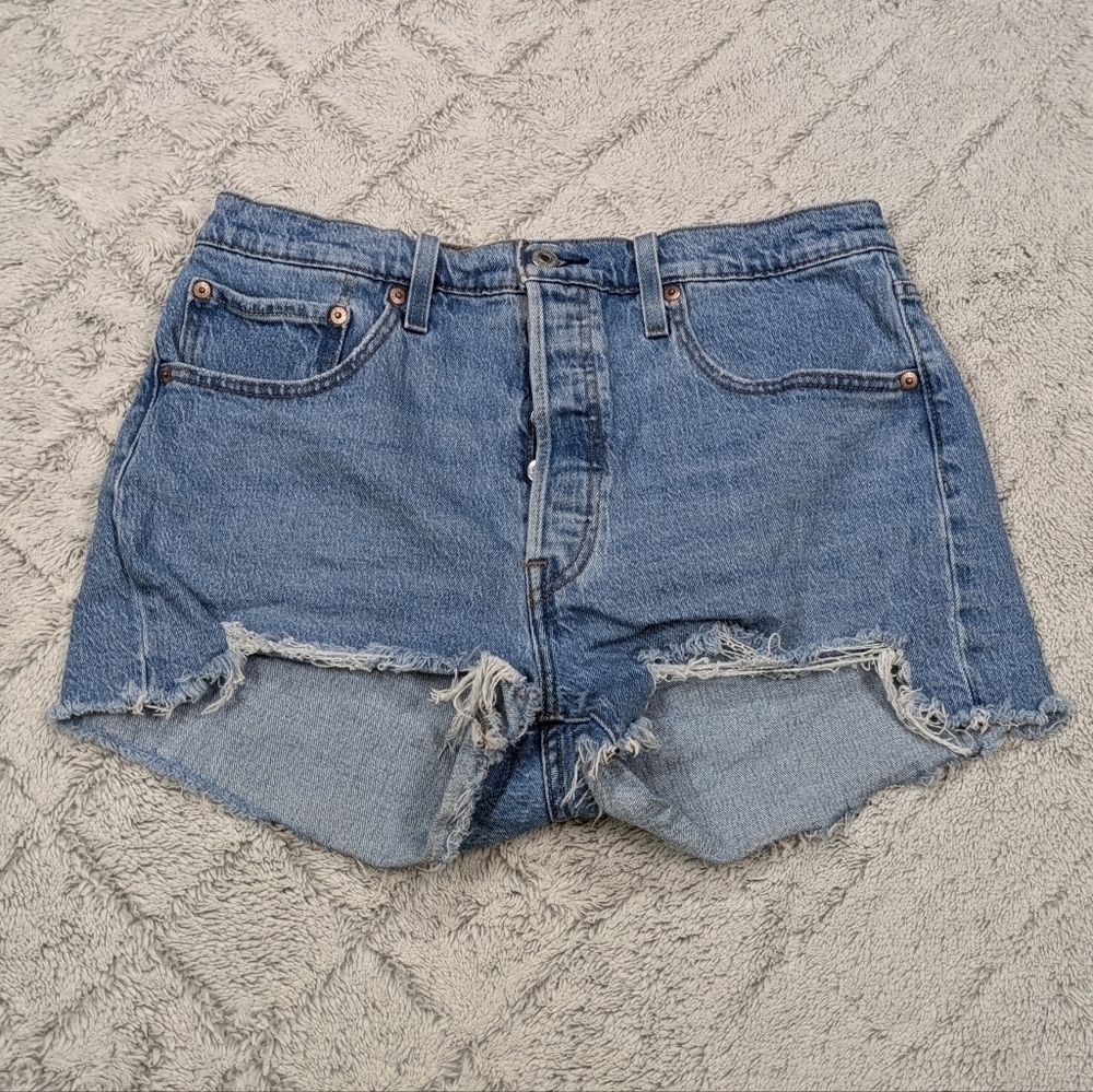 Levi's 501 Shorts Women's 31 Blue Button Fly High Rise Cutoff Denim Jean Cotton